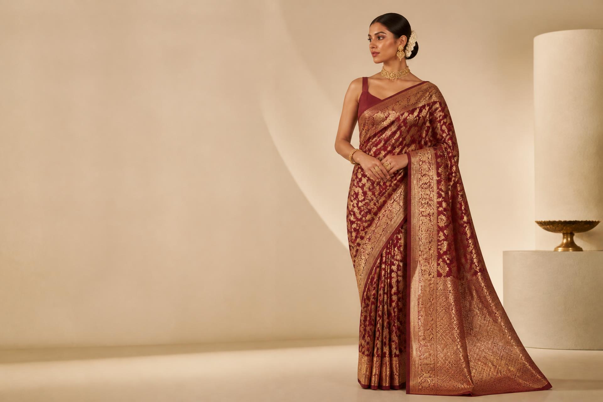 Model draped in a maroon and gold Banarasi silk saree